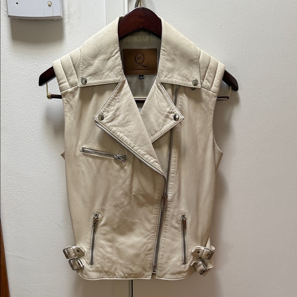 Alexander McQueen Cream Leather Sleeveless Biker Vest